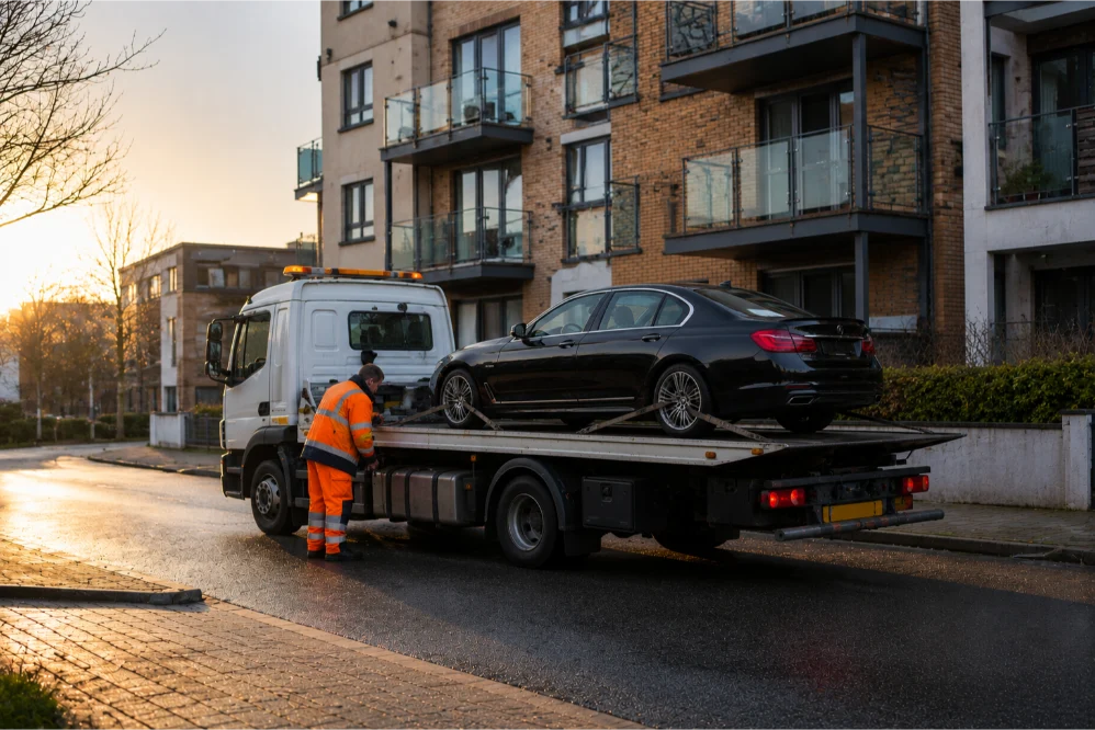Tow truck at sunset on urban street