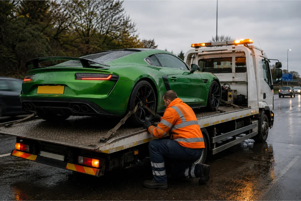 Green sports car flatbed towing uk